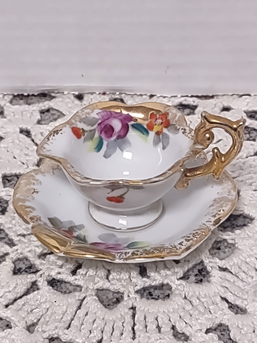 Vintage Hand-Painted Floral Porcelain Mini Teacup with Saucer  Gold Trim Japan